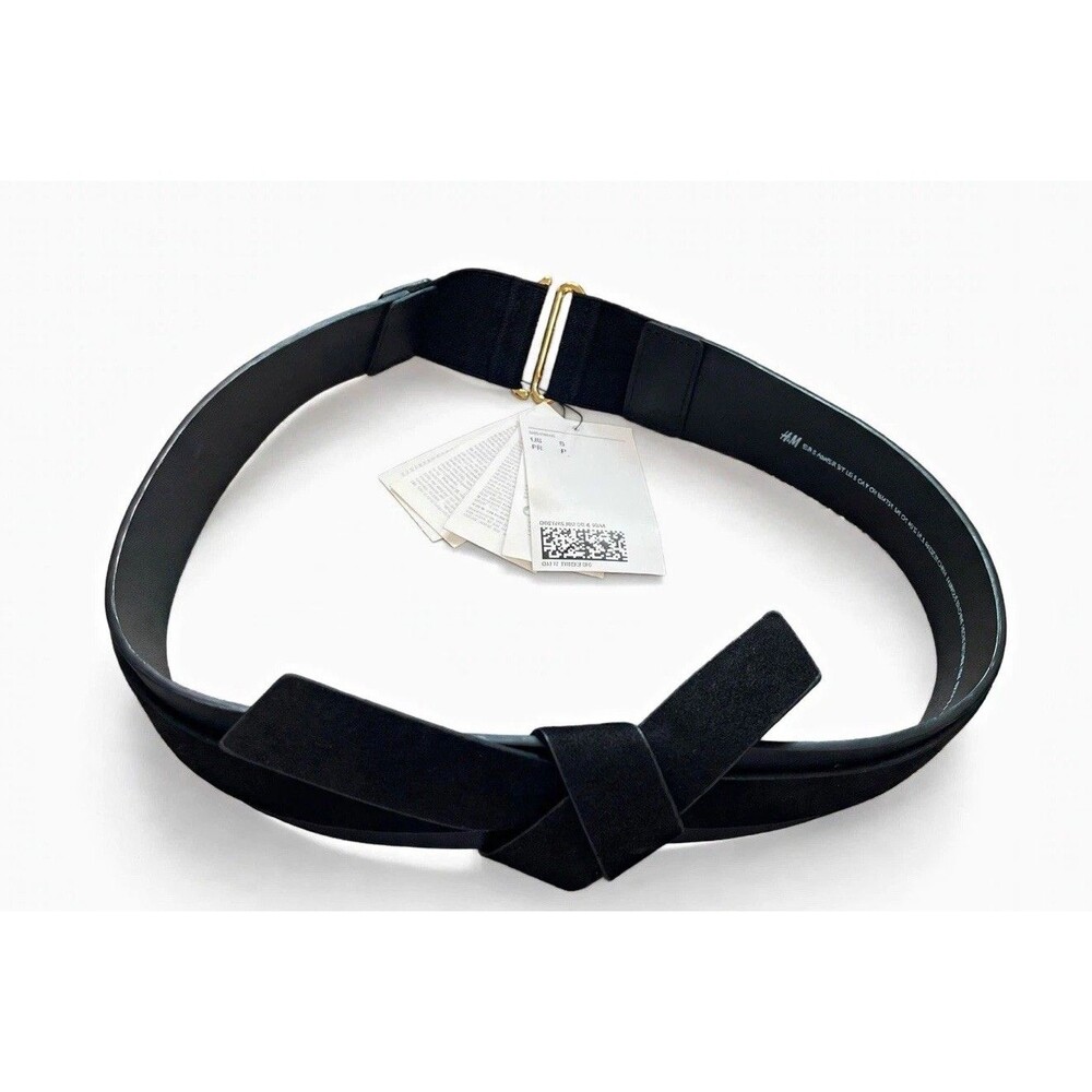 H&M Wide Belt S Black Faux Suede Knot Elastic Gold Hook NWT Workwear Chic